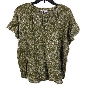 Ophelia Roe Green Paisley Print Blouse With Flutter Sleeves Size Large